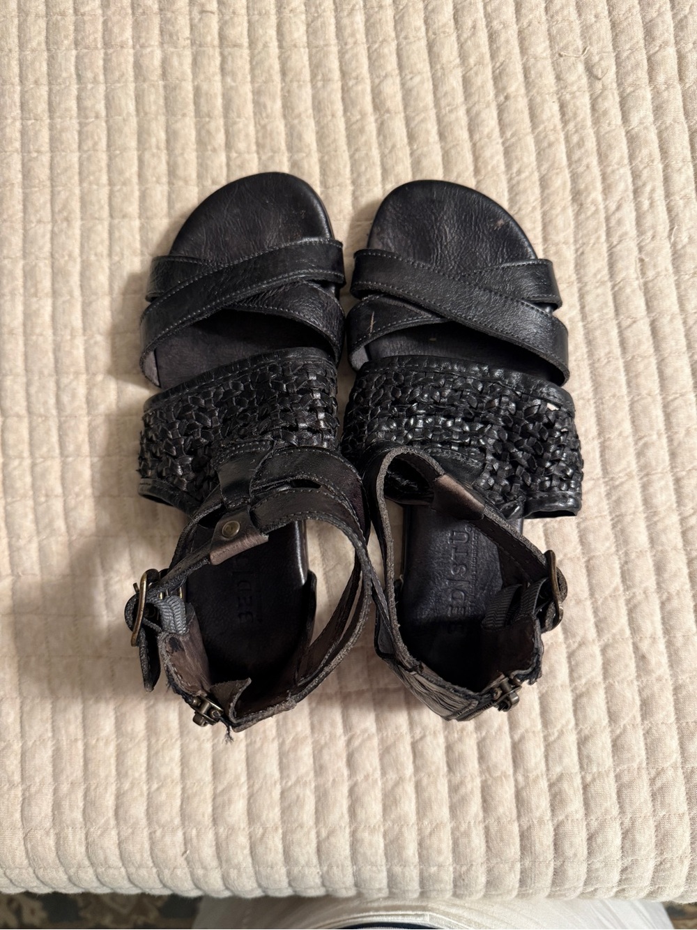Bed Stu Capriana Graphito Dip Dye Black Woven Leather Ankle Strap Sandals